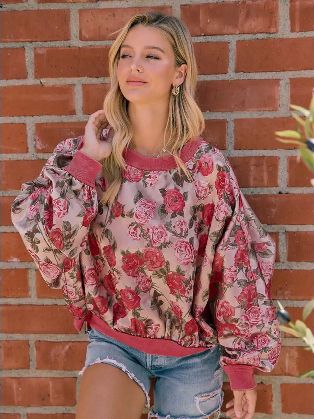 Red pink rose floral dolman sleeve pullover stitch sweatshirt tunic top